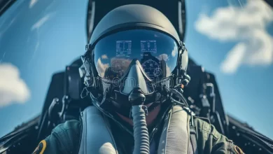 fighter pilot wearing helmet hud display flying jet airplane heads up technology modern military showcasing advanced 358326794